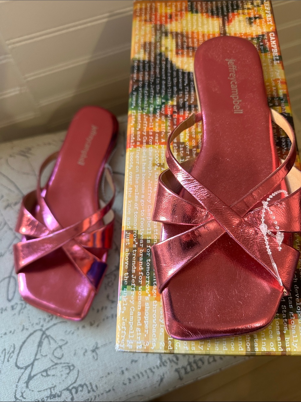Jeffrey Campbell Metallic Rose Pink Crisscross Slide Mules 6